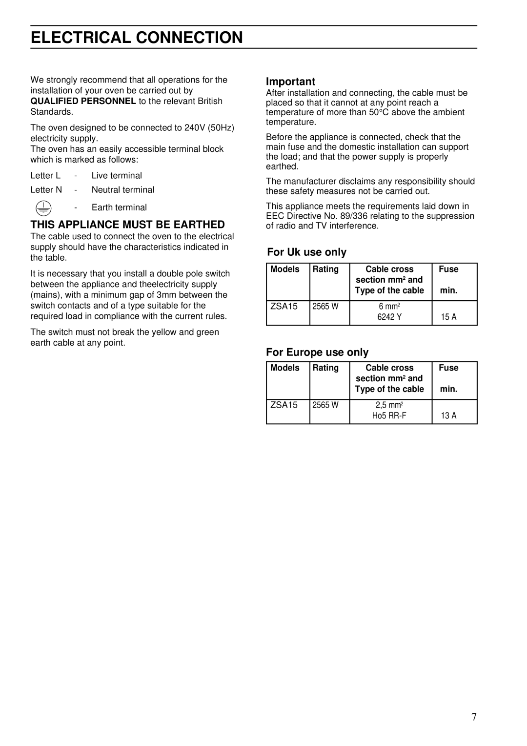 Zanussi ZSA 15 Electrical Connection, This Appliance Must be Earthed, For Uk use only, For Europe use only 