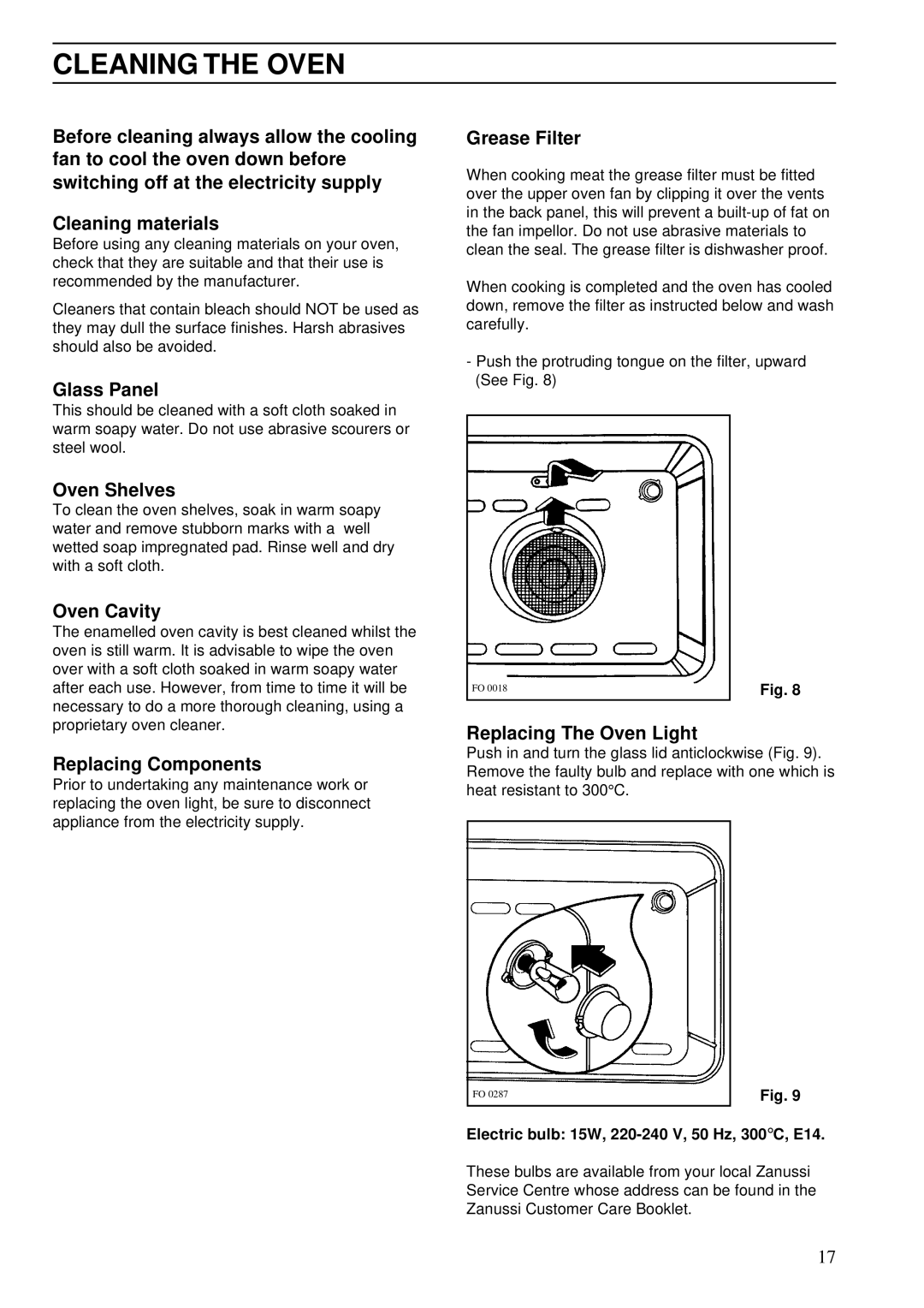 Zanussi ZSA 25 installation manual Cleaning the Oven 