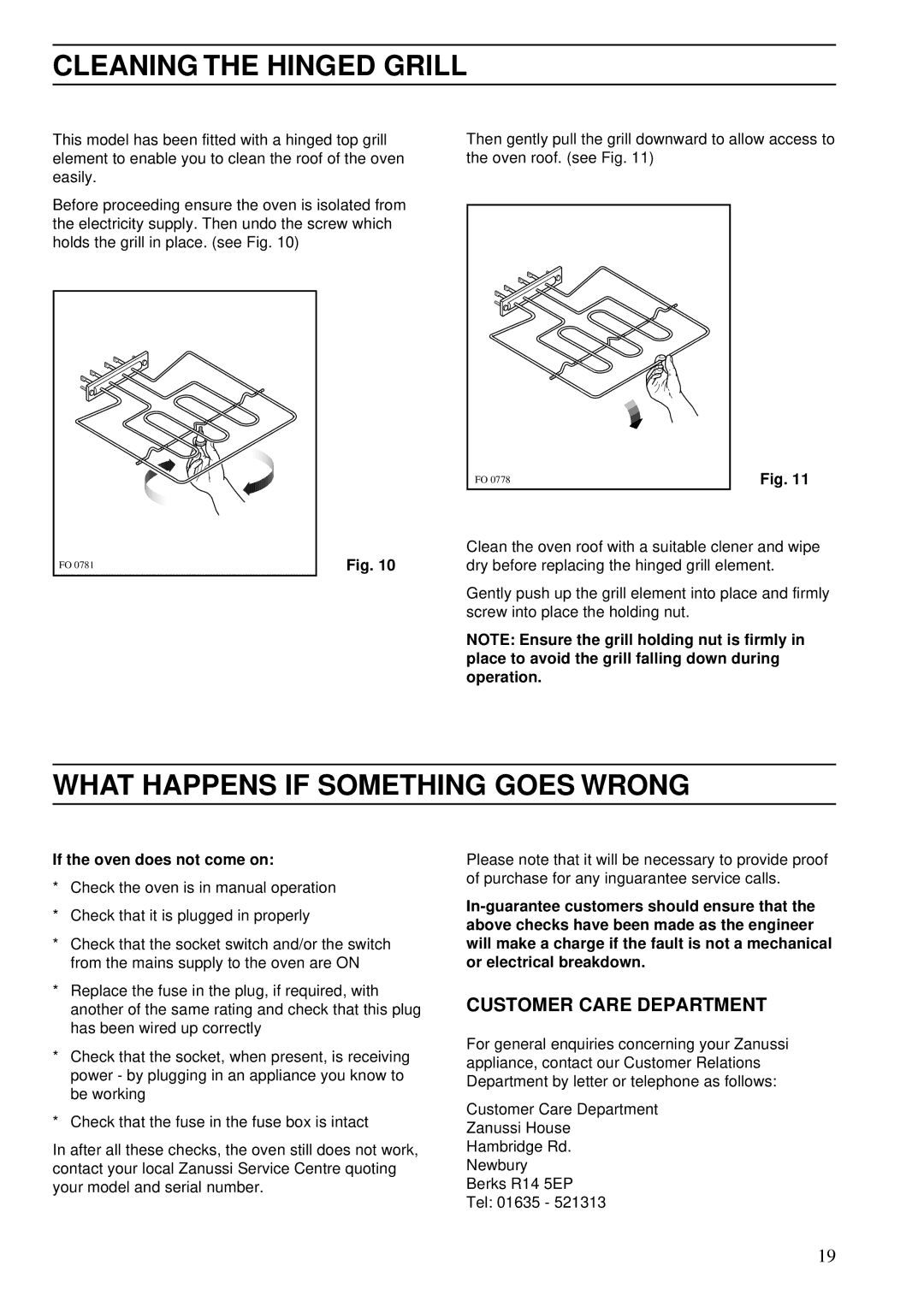 Zanussi ZSA 25 Cleaning the Hinged Grill, What Happens if Something Goes Wrong, Customer Care Department 