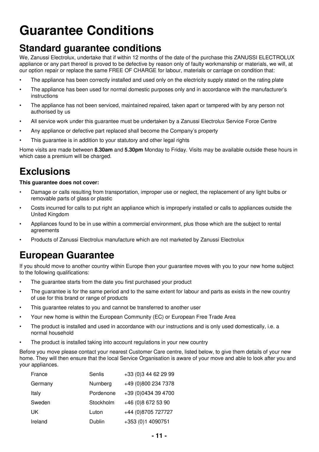 Zanussi ZSF 2400 manual Guarantee Conditions, Standard guarantee conditions 