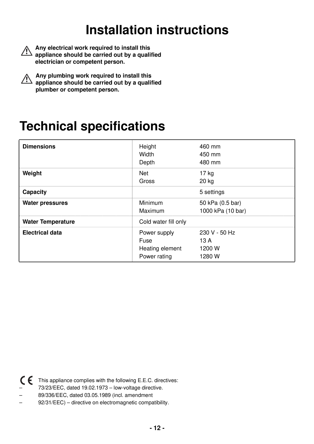 Zanussi ZSF 2400 manual Installation instructions, Technical speciﬁcations 