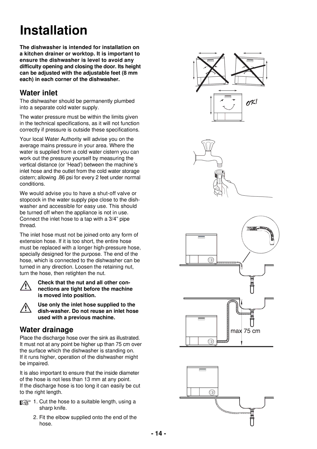 Zanussi ZSF 2400 manual Installation, Water inlet, Water drainage 