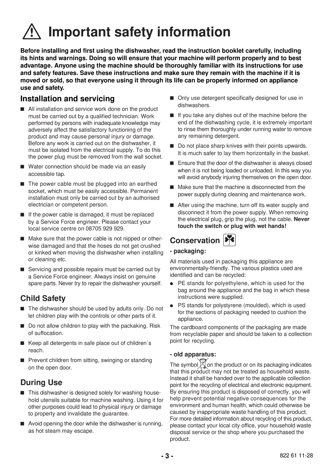 Zanussi ZSF 2400 manual Important safety information, Installation and servicing, Child Safety, During Use, Conservation 