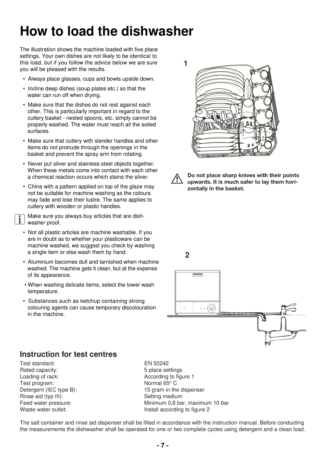 Zanussi ZSF 2400 manual How to load the dishwasher, Instruction for test centres 