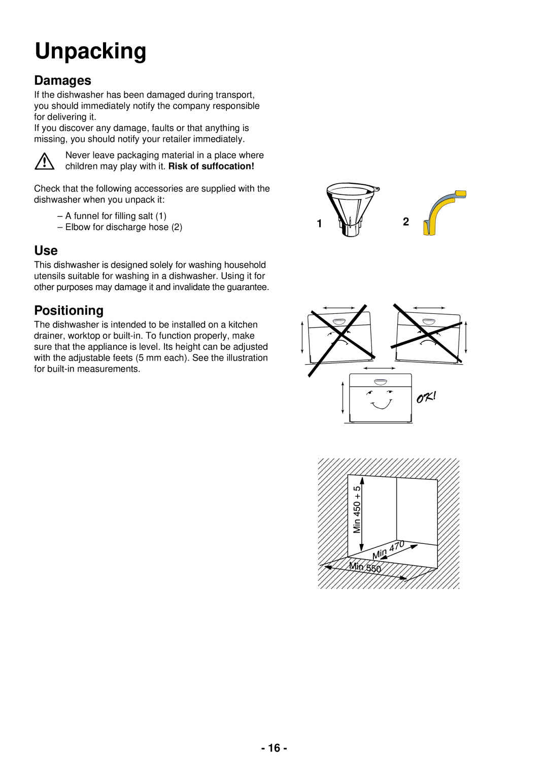 Zanussi ZSF 2420 manual Unpacking, Damages, Use, Positioning 