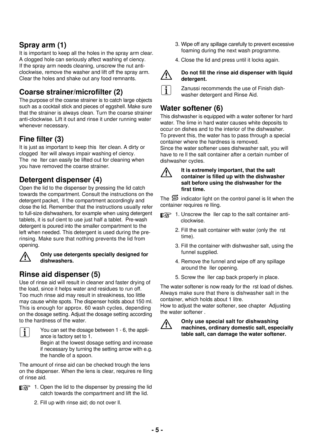 Zanussi ZSF 2420 manual Spray arm, Coarse strainer/microﬁlter, Fine ﬁlter, Detergent dispenser, Rinse aid dispenser 