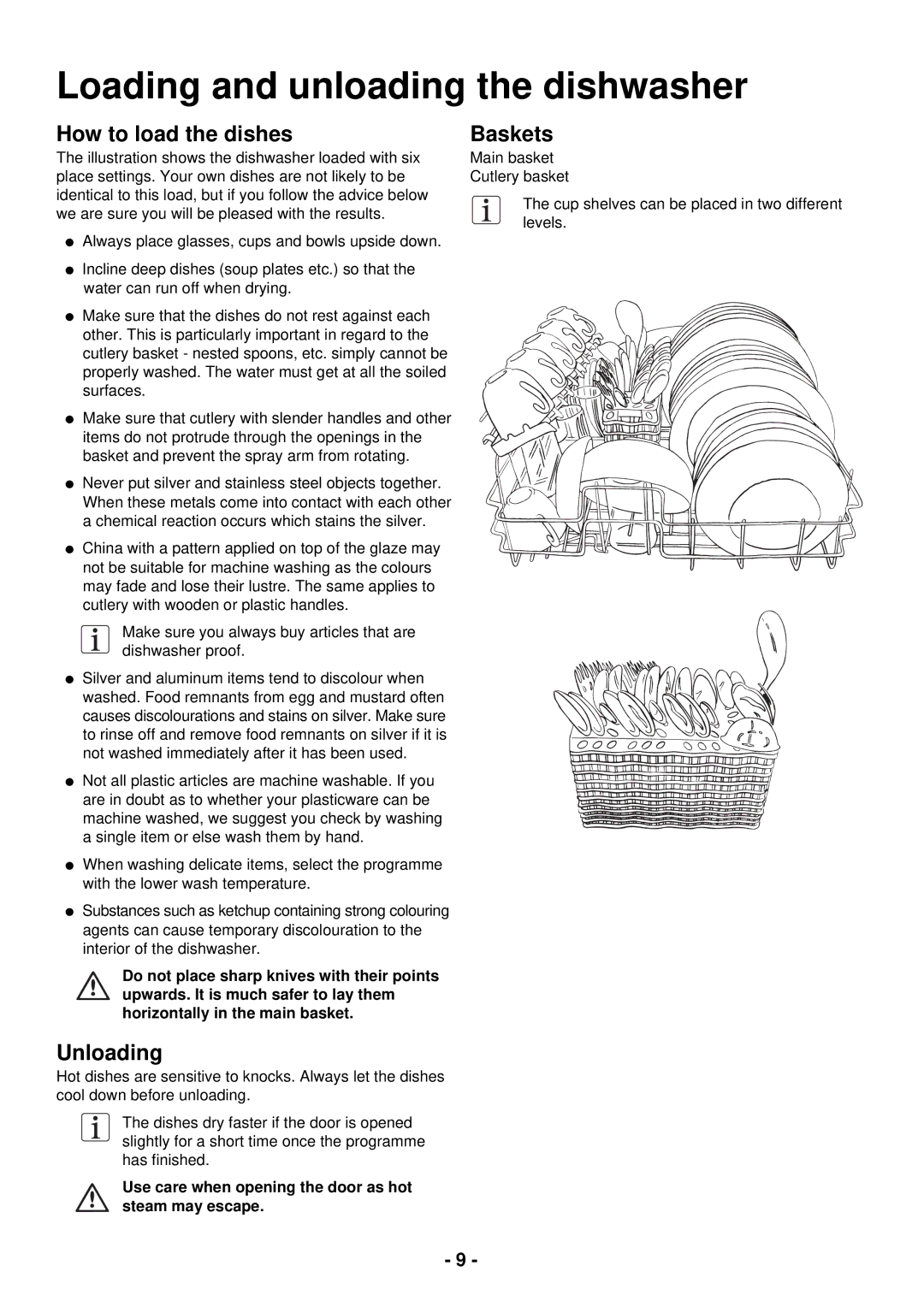 Zanussi ZSF 2420 manual Loading and unloading the dishwasher, How to load the dishes, Unloading, Baskets 