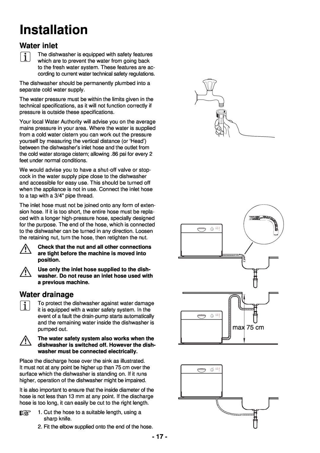Zanussi ZSF 2420 manual Installation, Water inlet, Water drainage 