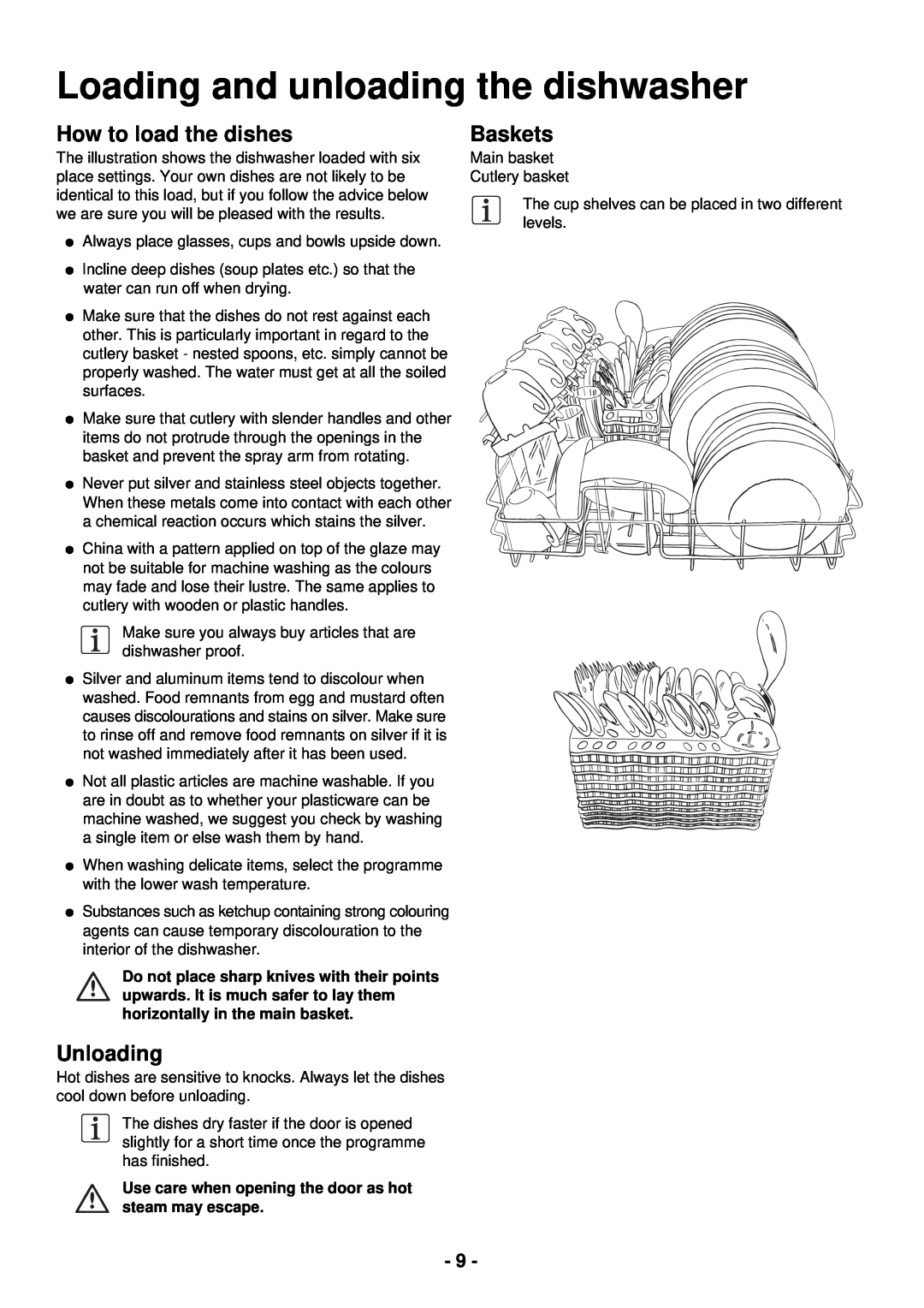 Zanussi ZSF 2420 manual Loading and unloading the dishwasher, How to load the dishes, Unloading, Baskets 