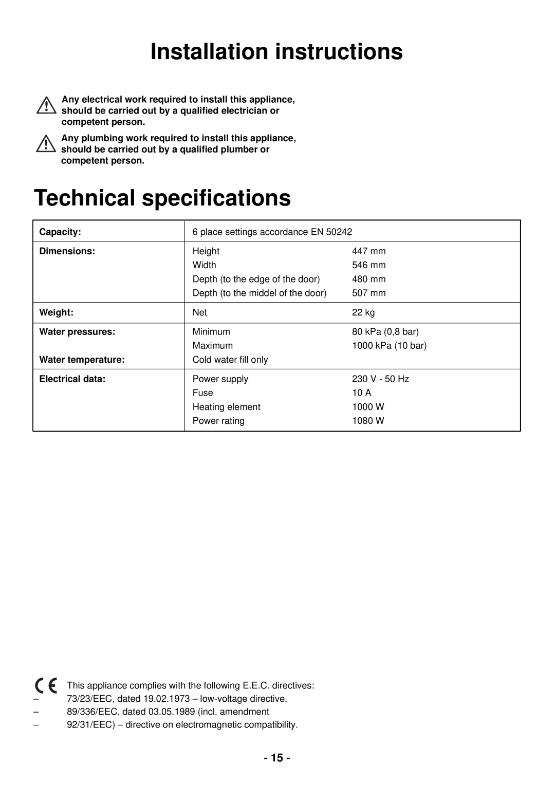 Zanussi ZSF 2440 manual Installation instructions, Technical speciﬁcations 