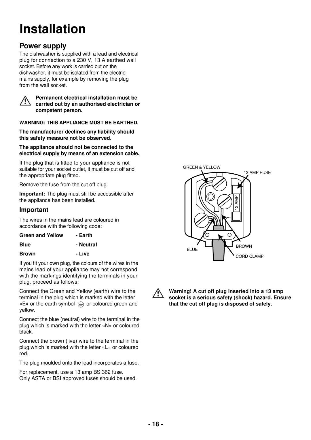 Zanussi ZSF 2440 manual Power supply, Green and Yellow Earth Blue- Neutral Brown- Live 
