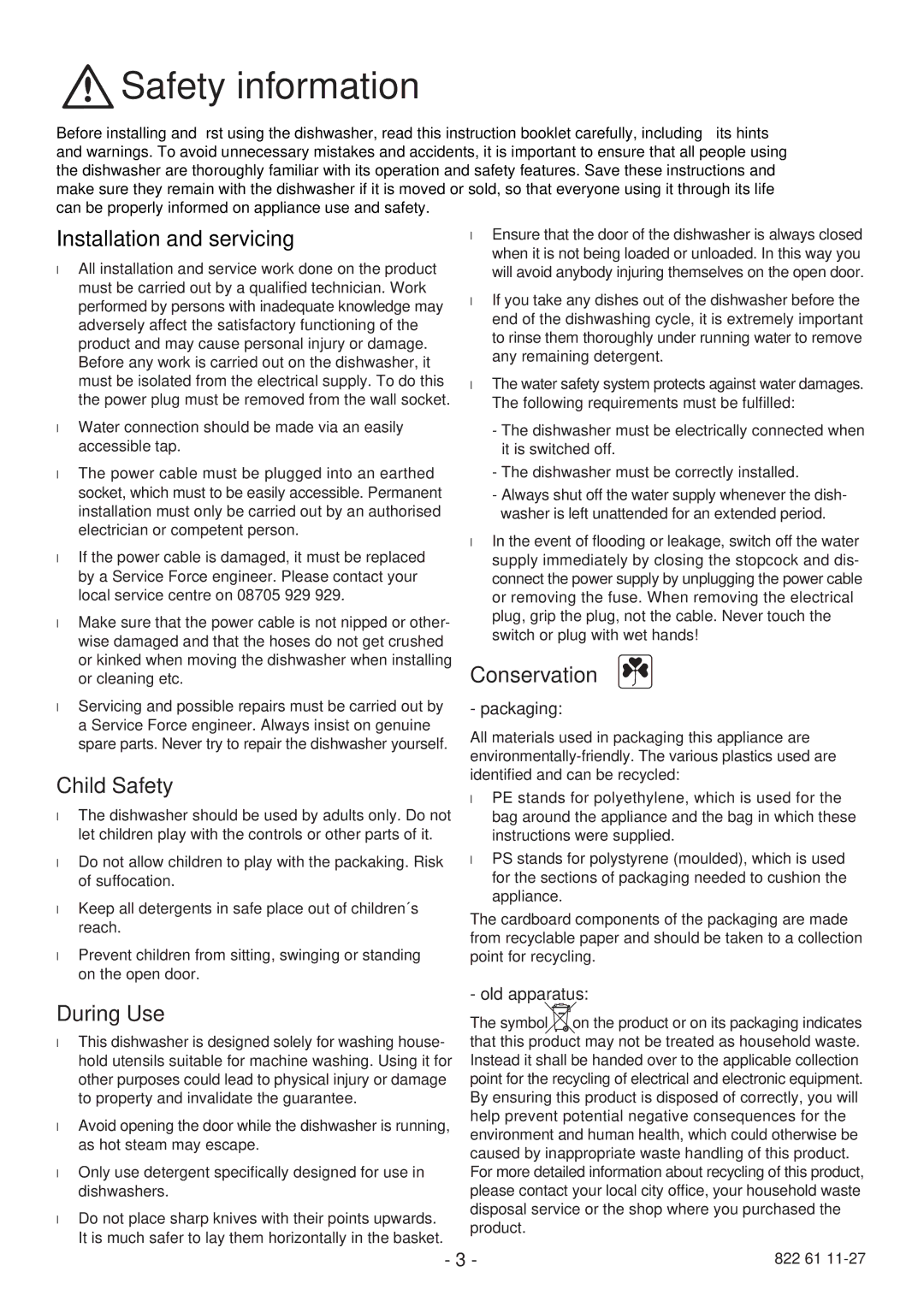 Zanussi ZSF 2440 manual Safety information, Installation and servicing, Child Safety, Conservation, During Use 