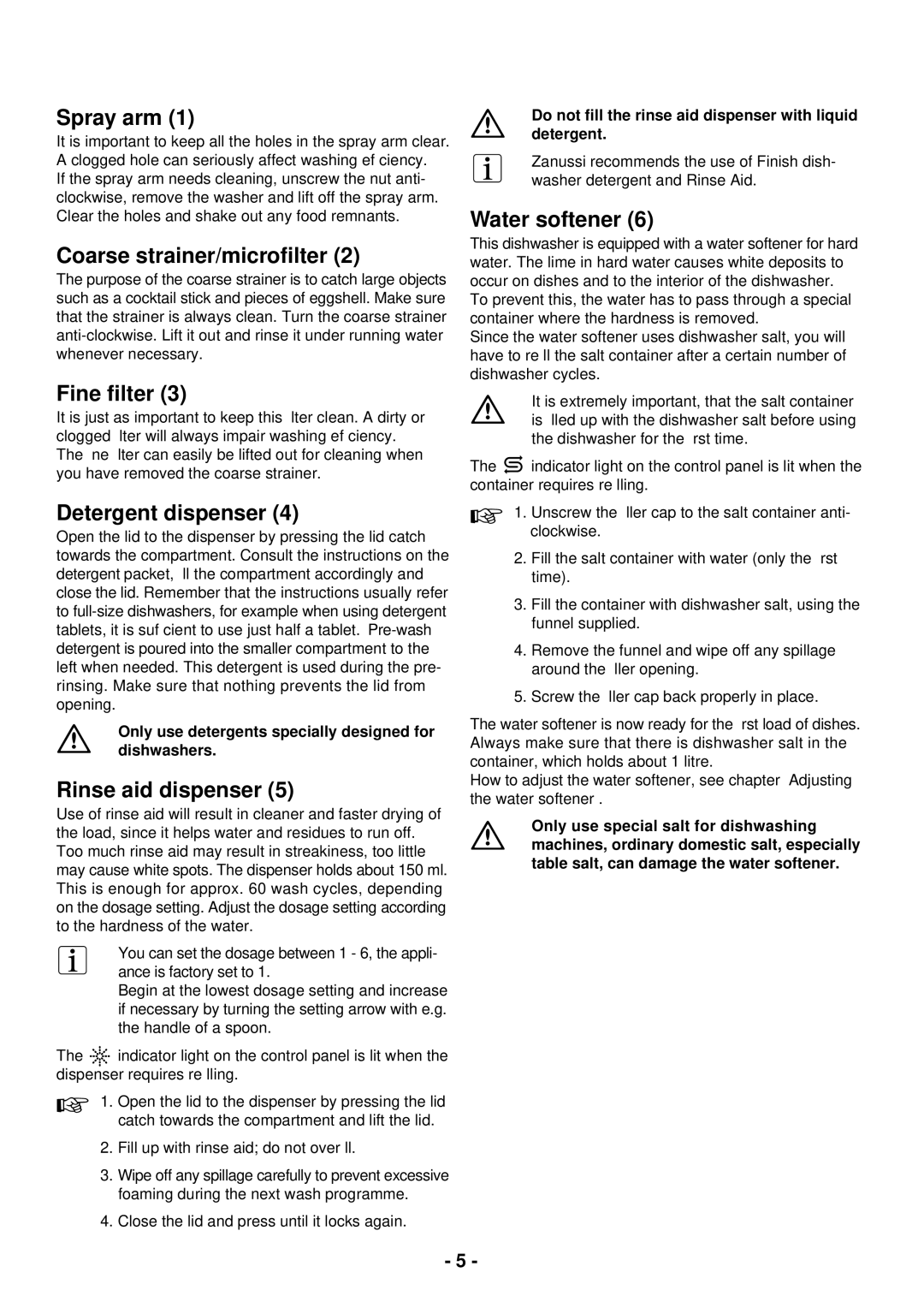 Zanussi ZSF 2440 manual Spray arm, Coarse strainer/microﬁlter, Fine ﬁlter, Detergent dispenser, Rinse aid dispenser 