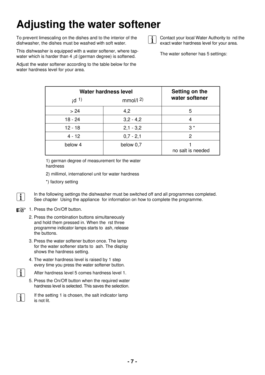 Zanussi ZSF 2440 manual Adjusting the water softener, Water softener 