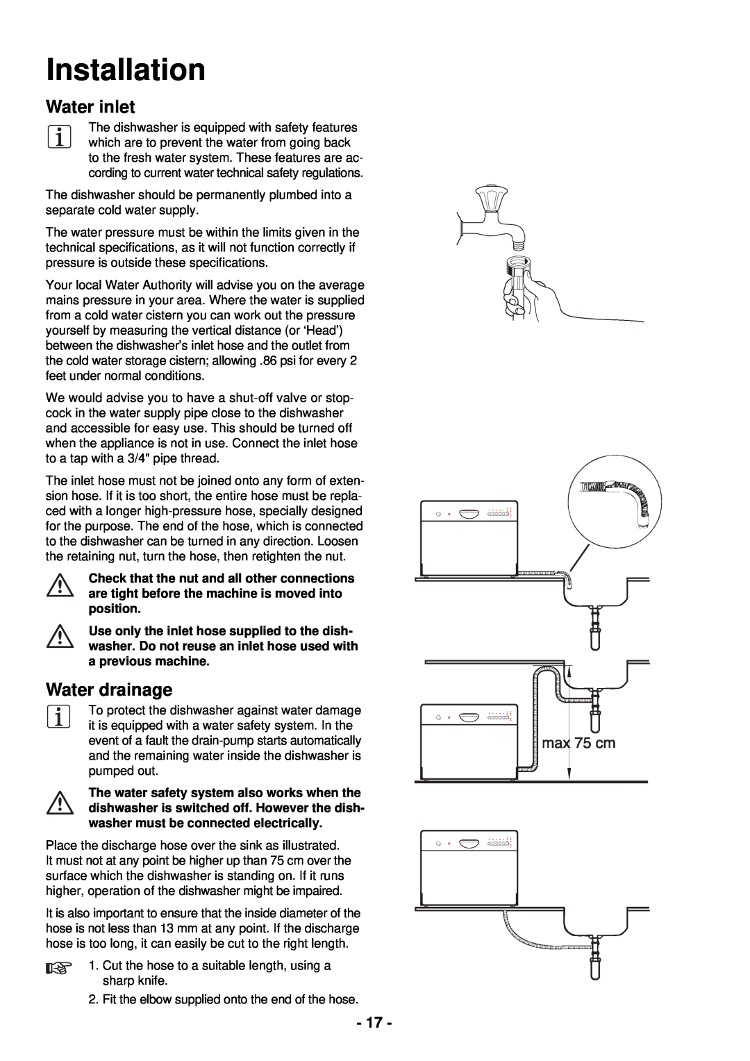 Zanussi ZSF 2440 manual Installation, Water inlet, Water drainage 