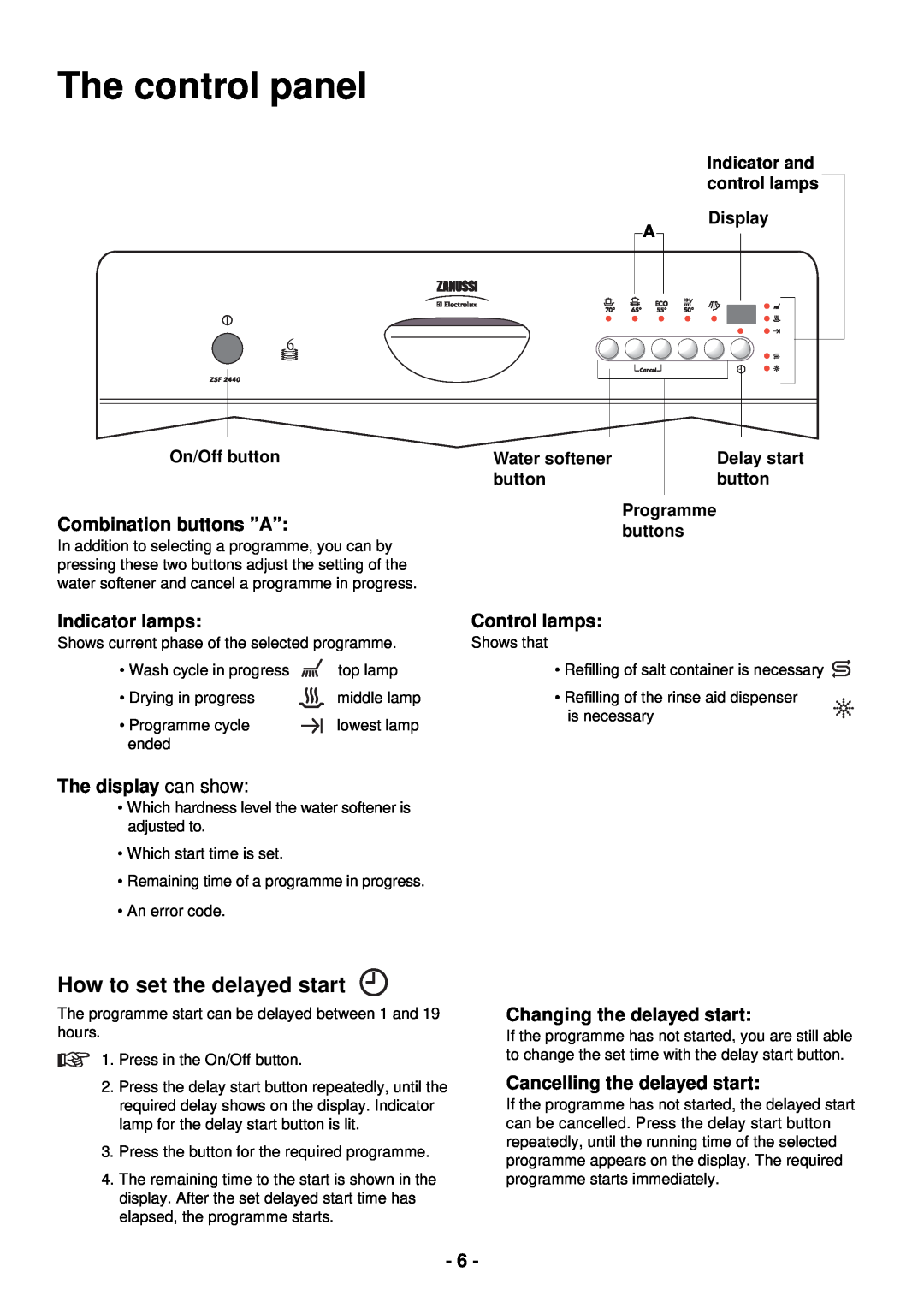 Zanussi ZSF 2440 The control panel, How to set the delayed start, Combination buttons ”A”, Indicator lamps, Control lamps 