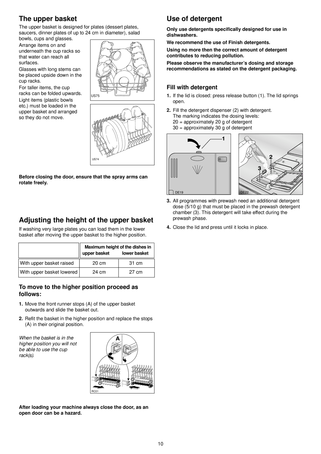 Zanussi ZSF 4111 manual Upper basket, Adjusting the height of the upper basket, Use of detergent, Fill with detergent 