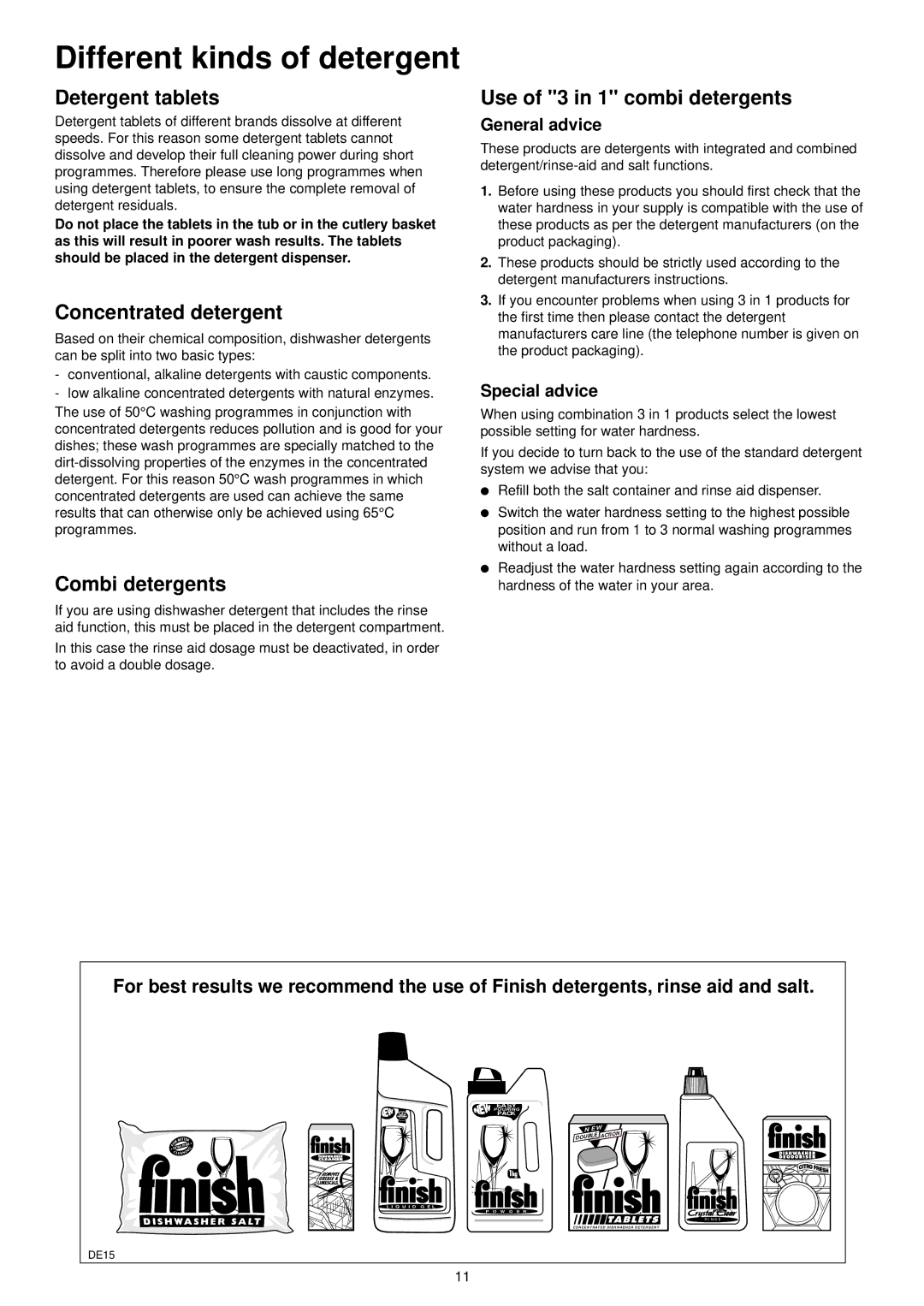 Zanussi ZSF 4111 manual Different kinds of detergent, Detergent tablets, Concentrated detergent, Combi detergents 