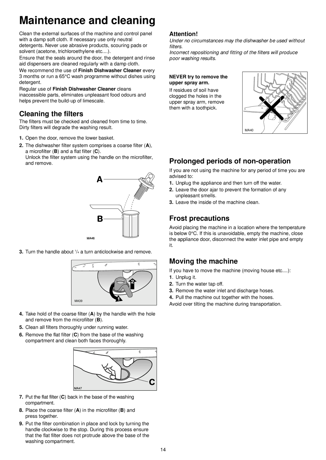 Zanussi ZSF 4111 Maintenance and cleaning, Cleaning the filters, Prolonged periods of non-operation, Frost precautions 