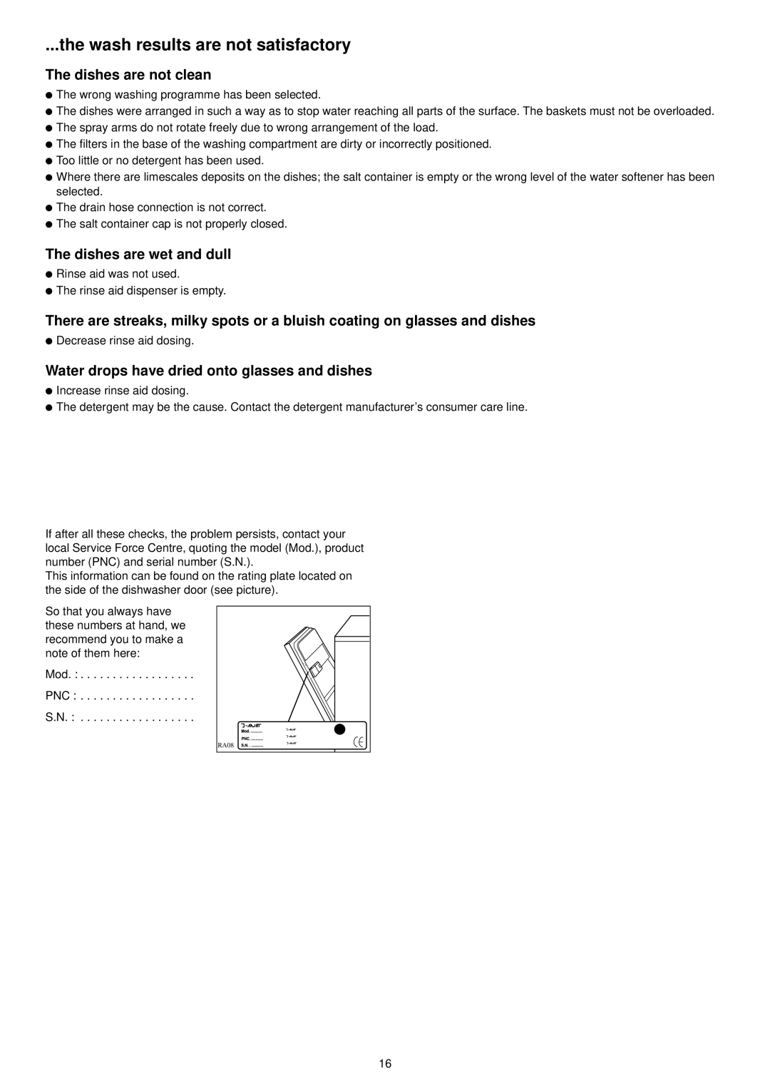 Zanussi ZSF 4111 manual Wash results are not satisfactory, Dishes are not clean, Dishes are wet and dull 