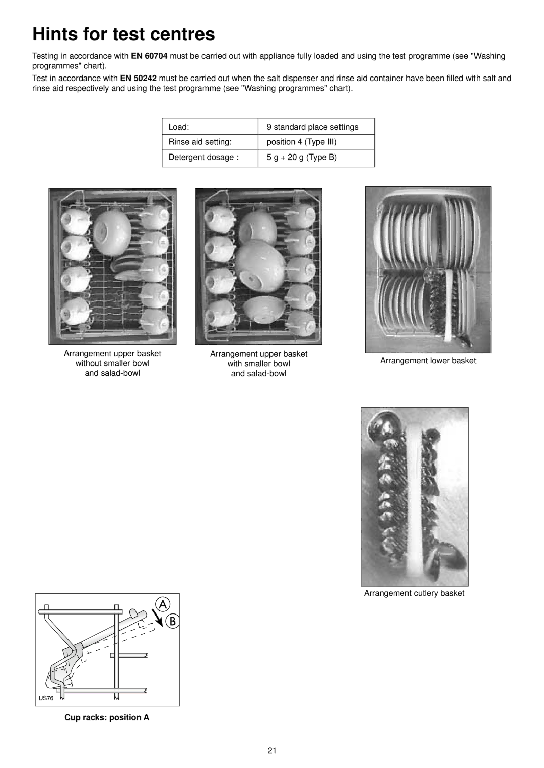 Zanussi ZSF 4111 manual Hints for test centres, Cup racks position a 