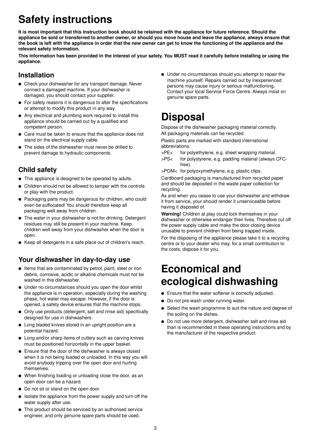 Zanussi ZSF 4111 manual Safety instructions, Disposal, Installation, Child safety, Your dishwasher in day-to-day use 