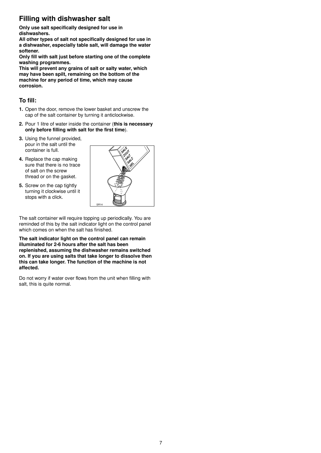 Zanussi ZSF 4111 manual Filling with dishwasher salt, To fill 