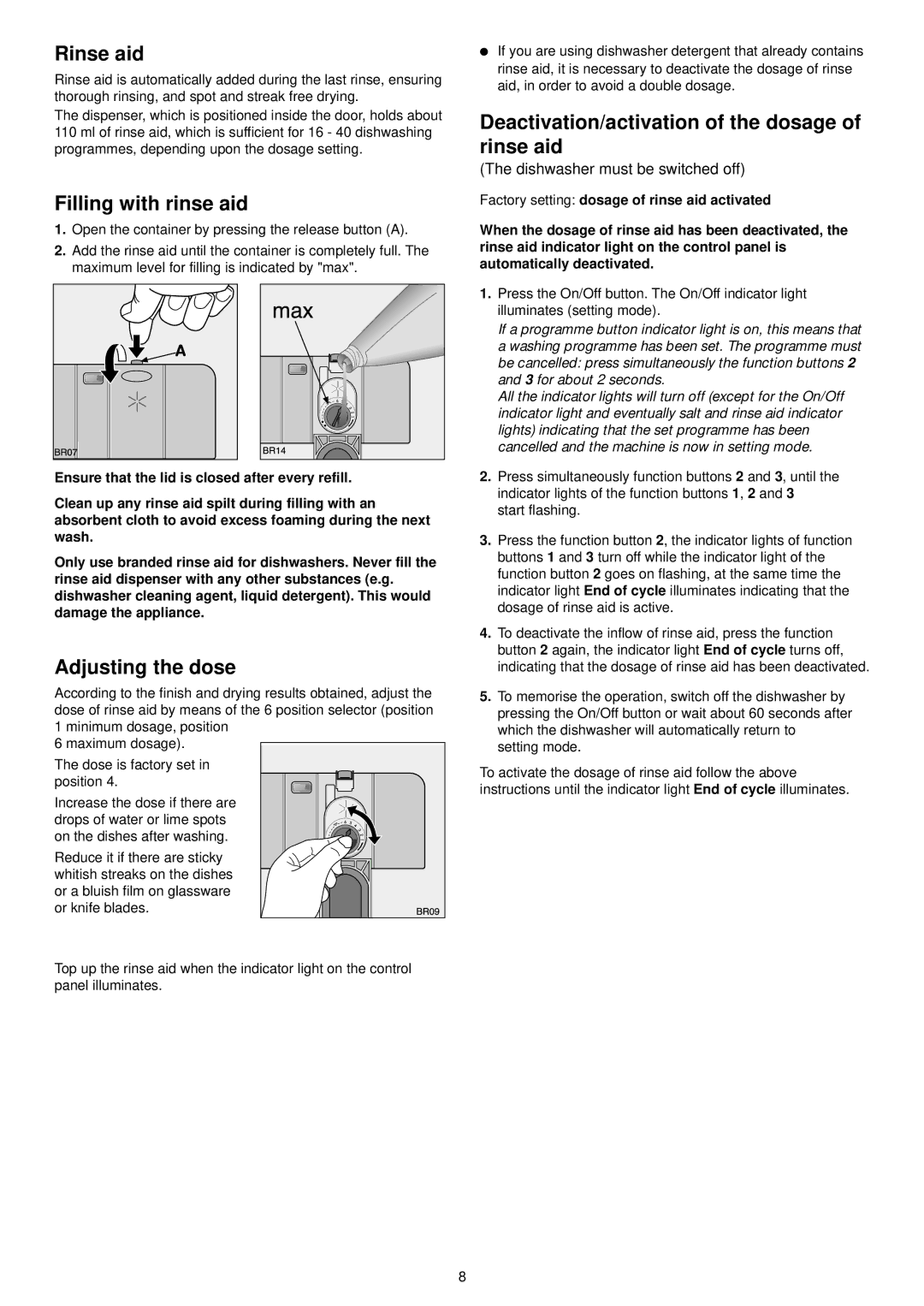 Zanussi ZSF 4111 Rinse aid, Filling with rinse aid, Adjusting the dose, Deactivation/activation of the dosage of rinse aid 