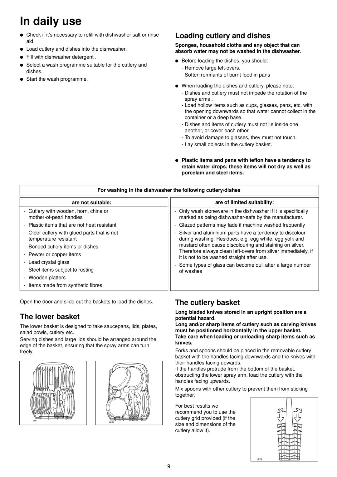 Zanussi ZSF 4111 manual Daily use, Loading cutlery and dishes, Lower basket, Cutlery basket, Are of limited suitability 