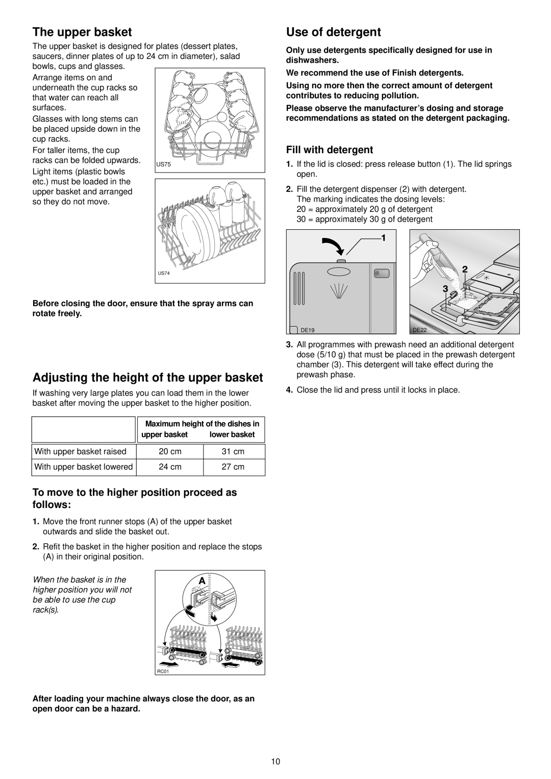 Zanussi ZSF 4111 manual The upper basket, Adjusting the height of the upper basket, Use of detergent, Fill with detergent 