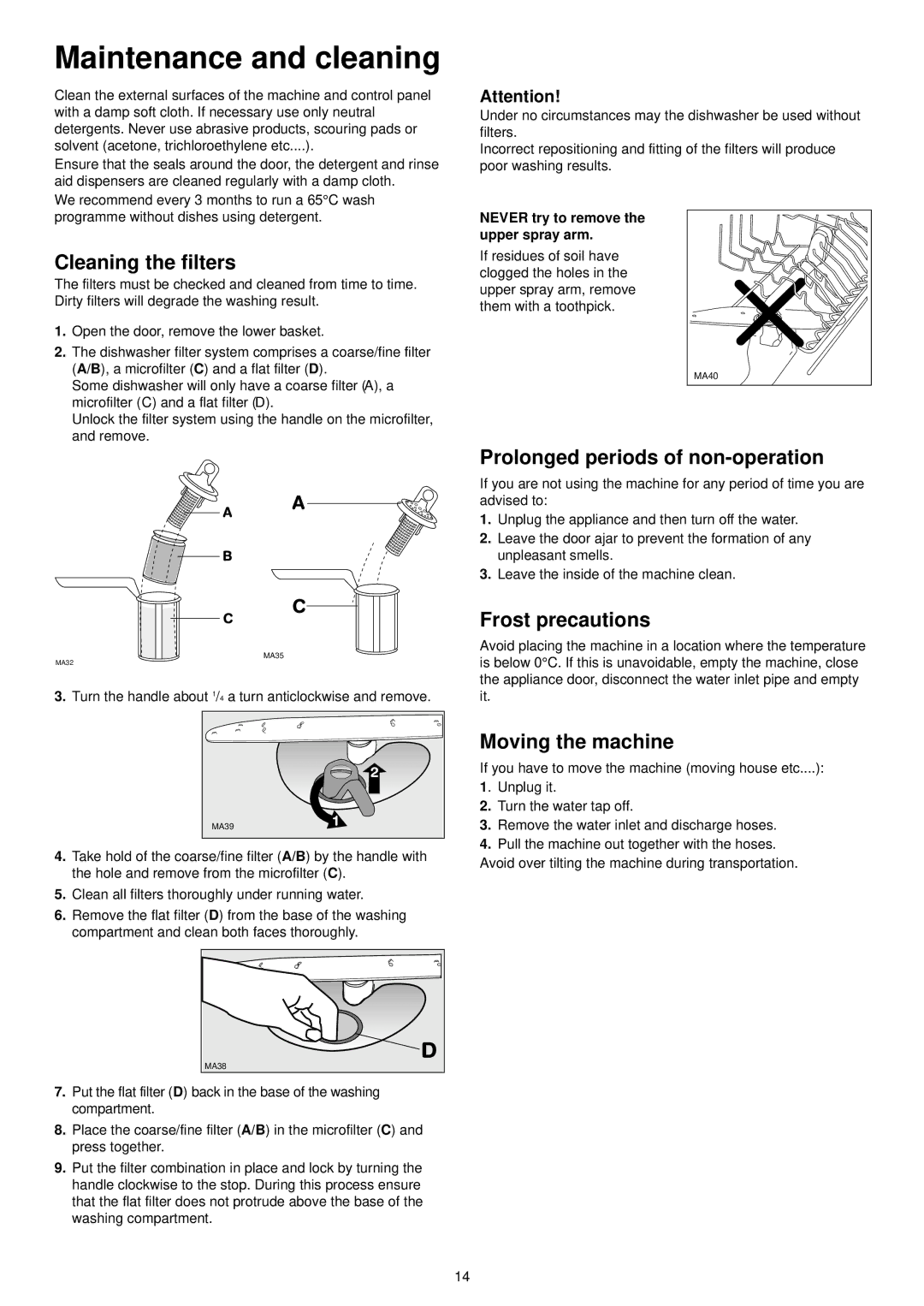 Zanussi ZSF 4112 Maintenance and cleaning, Cleaning the filters, Prolonged periods of non-operation, Frost precautions 