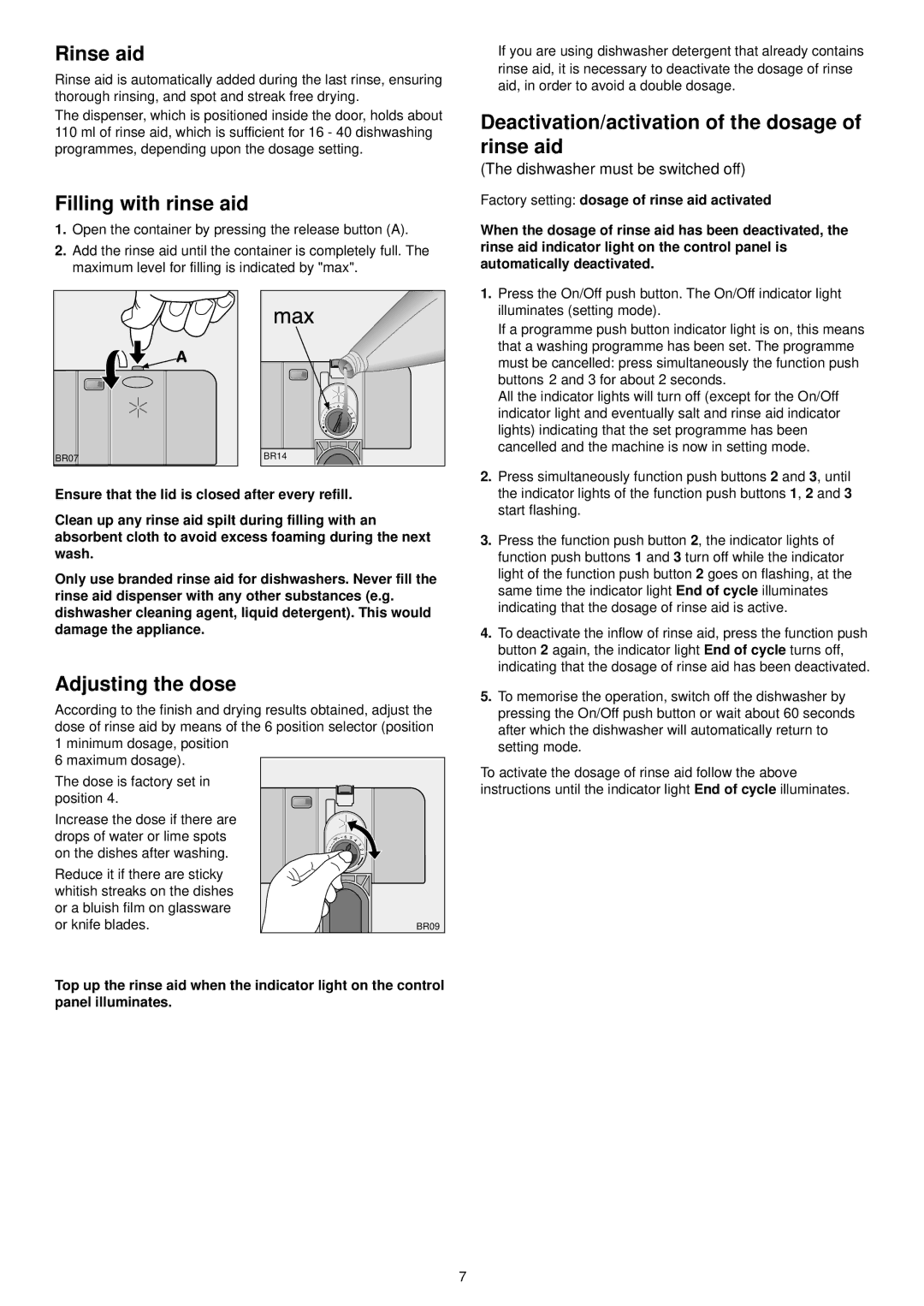 Zanussi ZSF 4112 Rinse aid, Filling with rinse aid, Deactivation/activation of the dosage of rinse aid, Adjusting the dose 