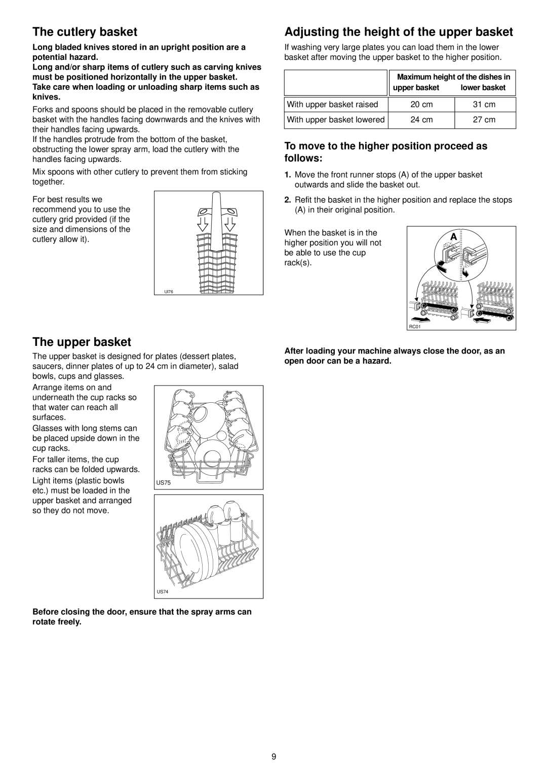 Zanussi ZSF 4112 manual Cutlery basket, Adjusting the height of the upper basket, Upper basket 