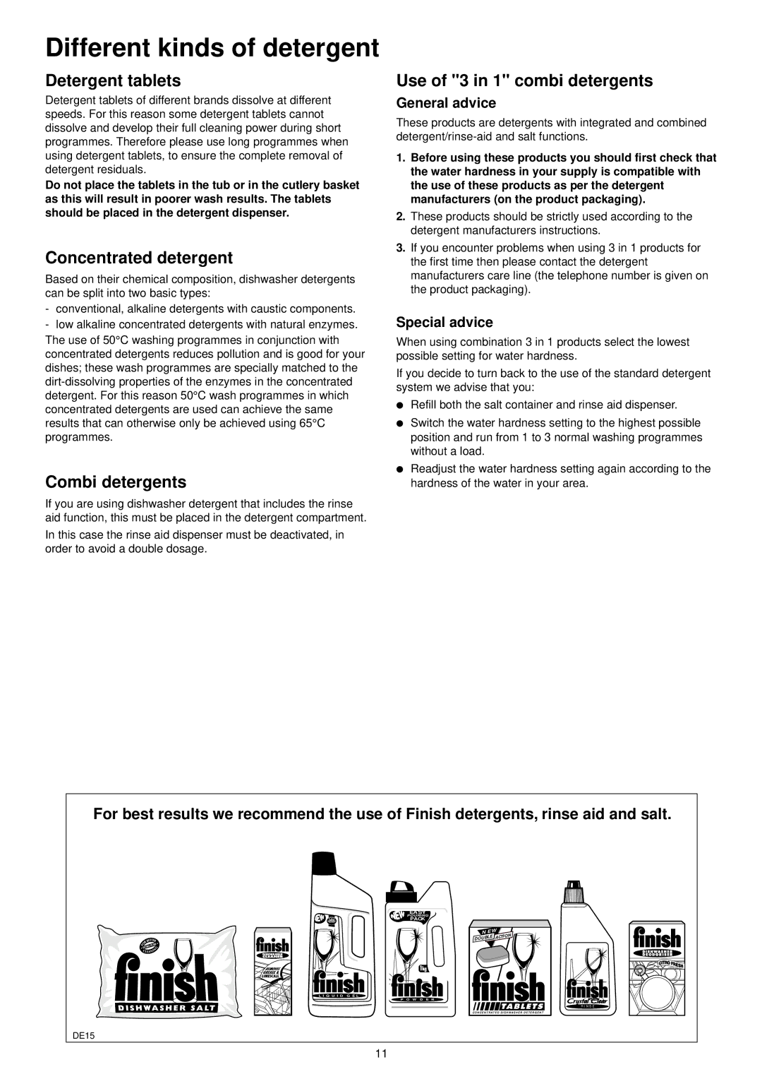 Zanussi ZSF 4123 S manual Different kinds of detergent, Detergent tablets, Concentrated detergent, Combi detergents 