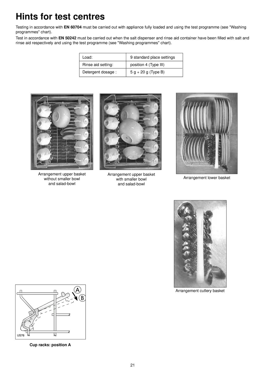 Zanussi ZSF 4123 S manual Hints for test centres, Cup racks position a 