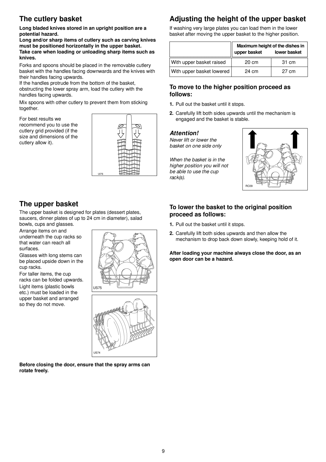 Zanussi ZSF 4123 S manual Cutlery basket, Adjusting the height of the upper basket, Upper basket 