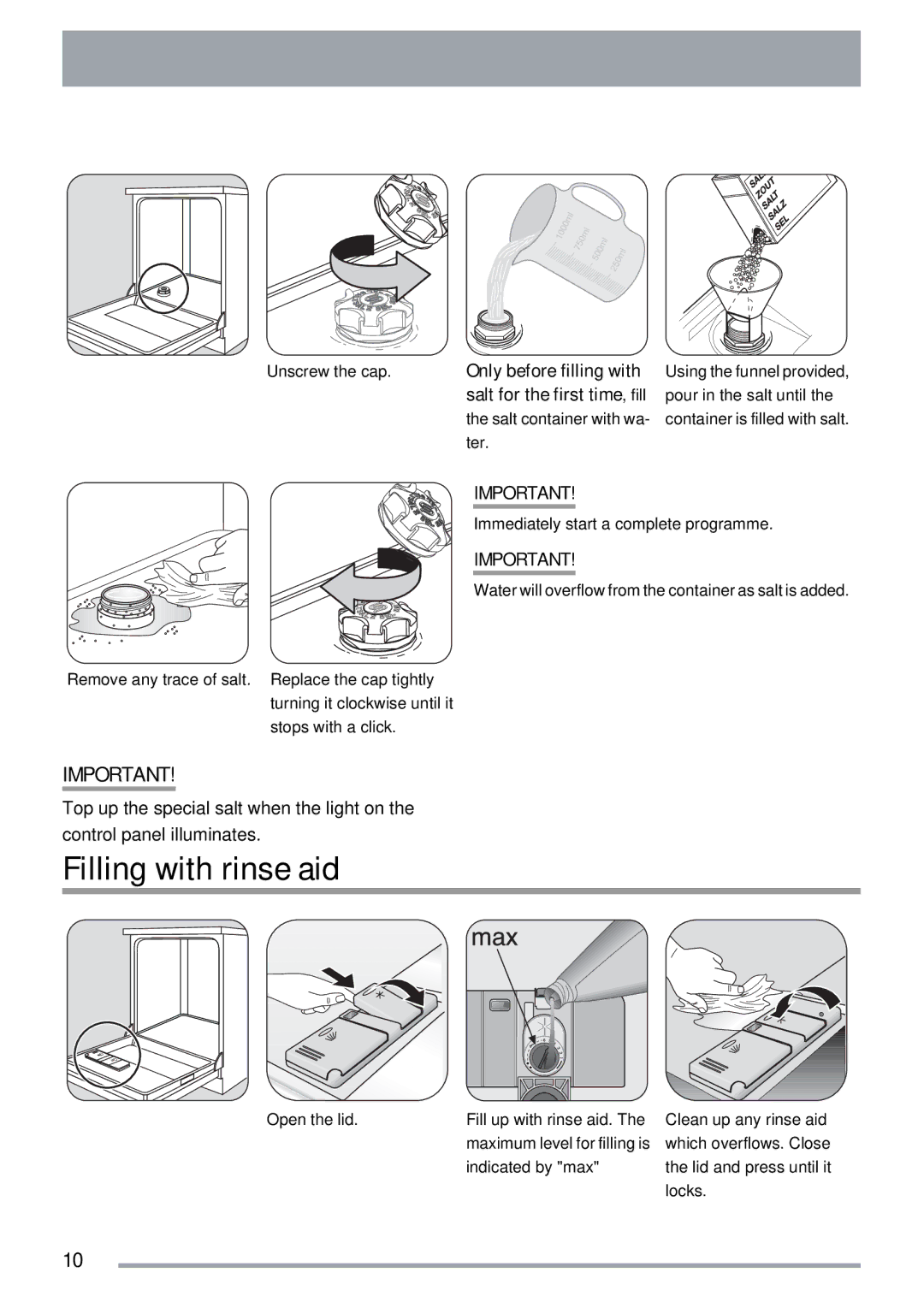 Zanussi ZSF 4143 user manual Filling with rinse aid, Only before filling with, Salt for the first time, fill 