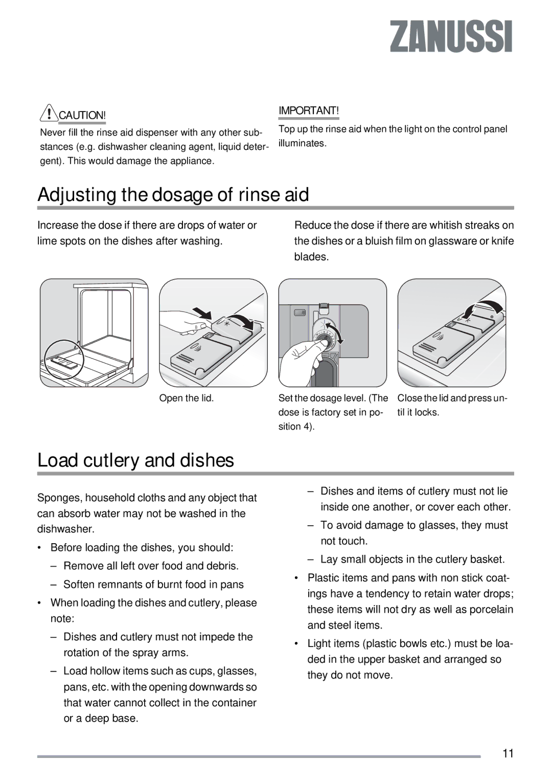 Zanussi ZSF 4143 user manual Adjusting the dosage of rinse aid, Load cutlery and dishes 