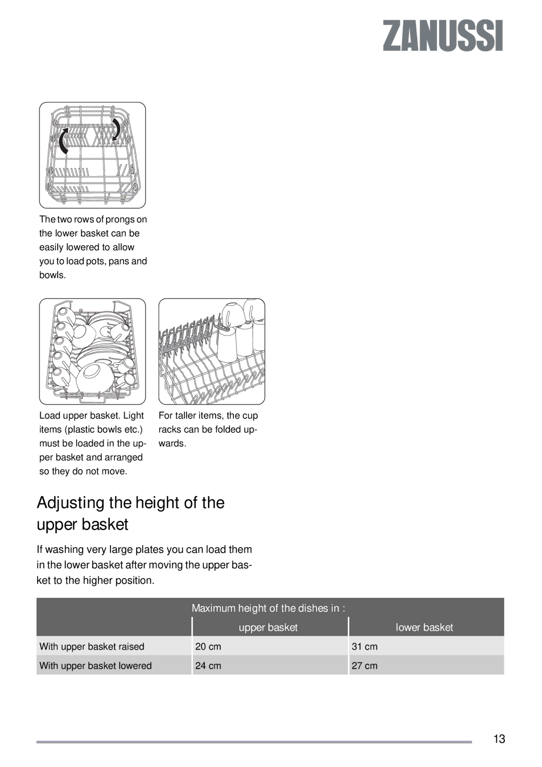 Zanussi ZSF 4143 Adjusting the height of the upper basket, Maximum height of the dishes Upper basket, Lower basket 