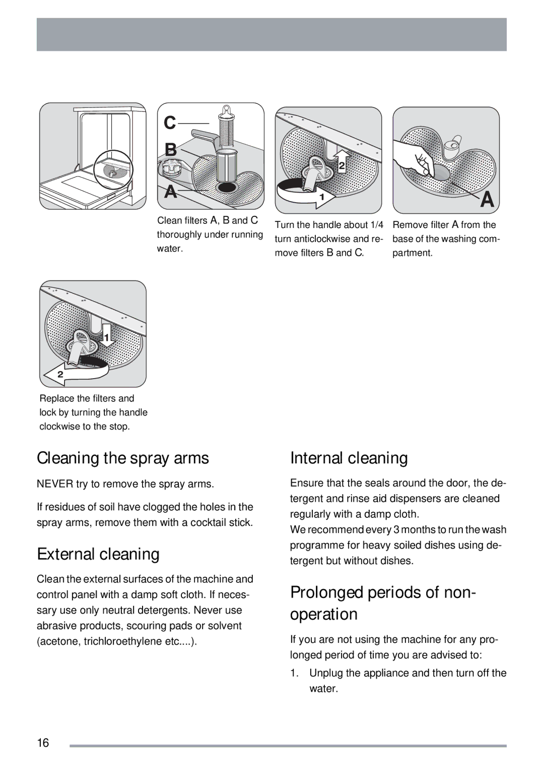 Zanussi ZSF 4143 Cleaning the spray arms, External cleaning, Internal cleaning, Prolonged periods of non- operation 