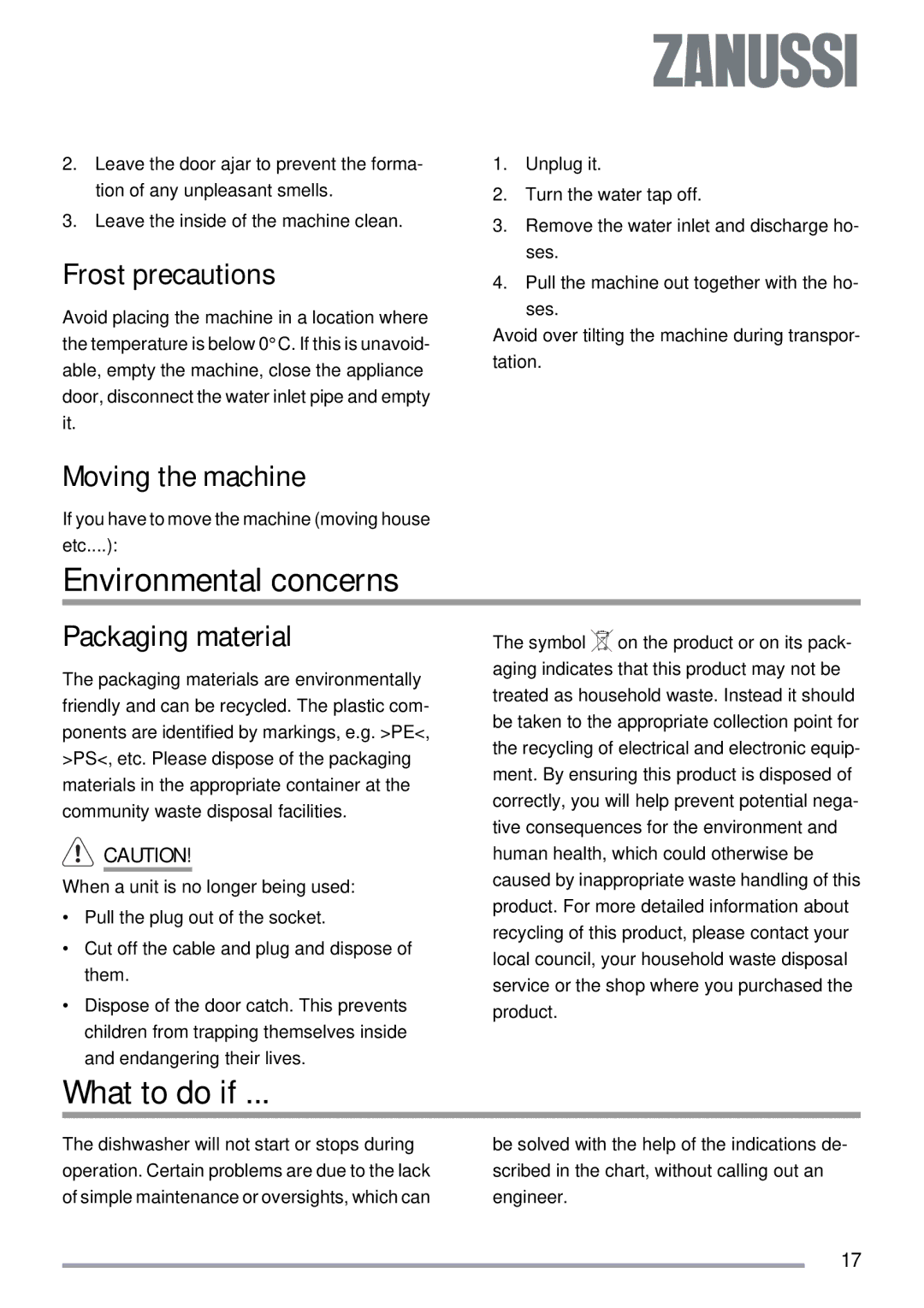 Zanussi ZSF 4143 Environmental concerns, What to do if, Frost precautions, Moving the machine, Packaging material 