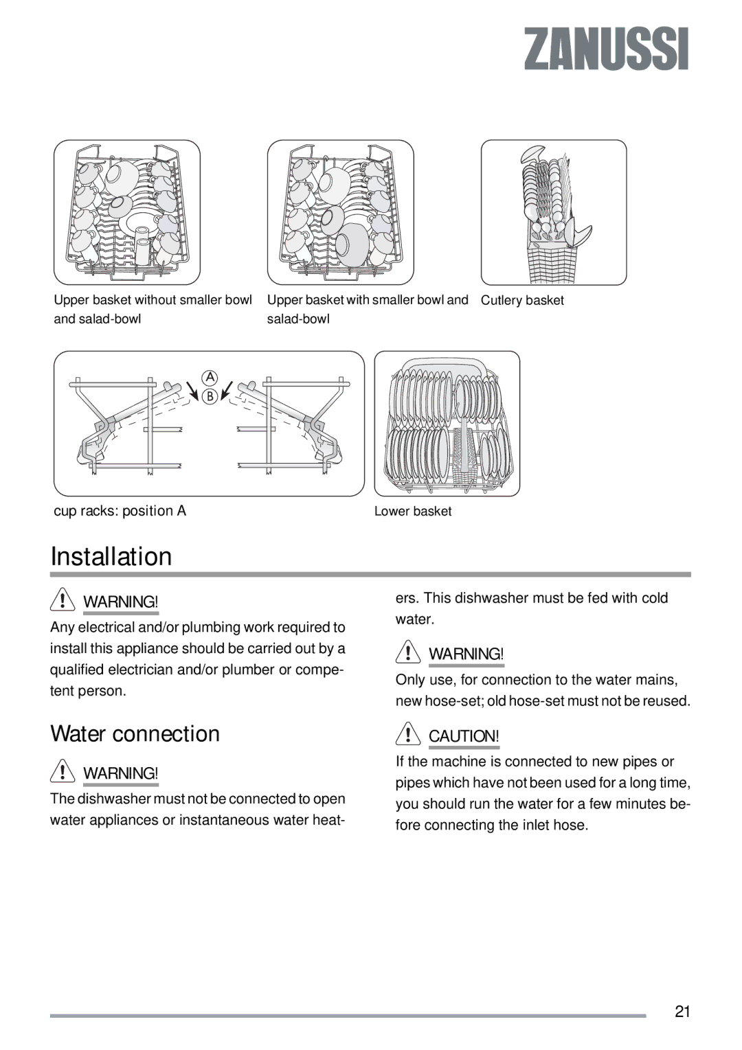 Zanussi ZSF 4143 user manual Installation, Water connection, Cup racks position a Lower basket 