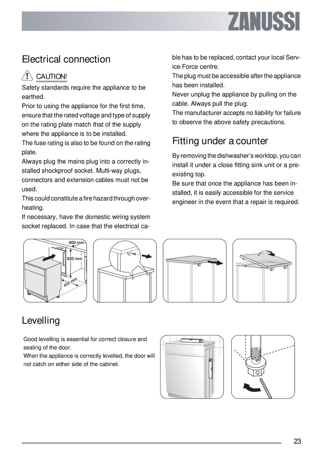 Zanussi ZSF 4143 user manual Electrical connection, Levelling, Fitting under a counter 