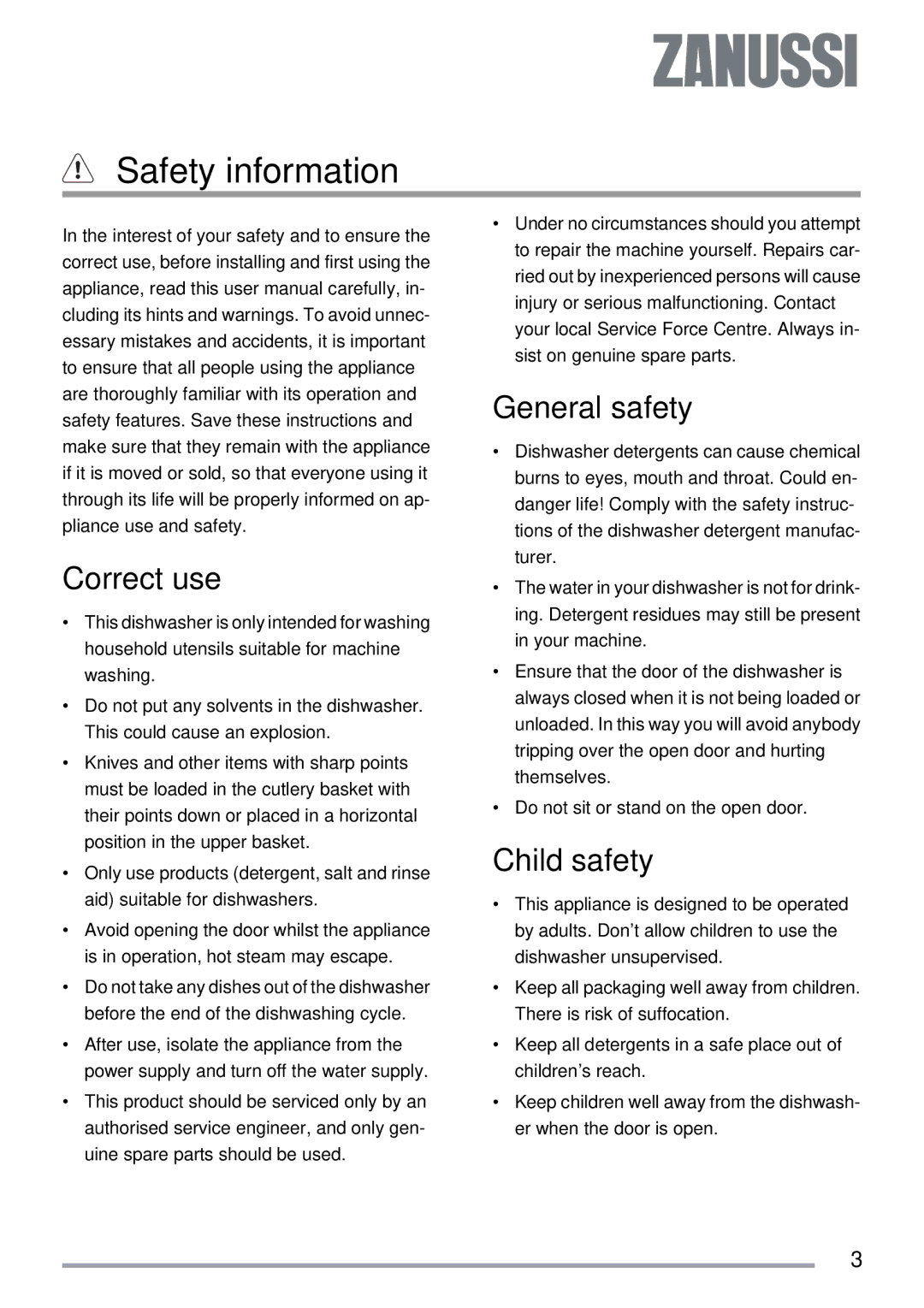 Zanussi ZSF 4143 user manual Safety information, Correct use, General safety, Child safety 