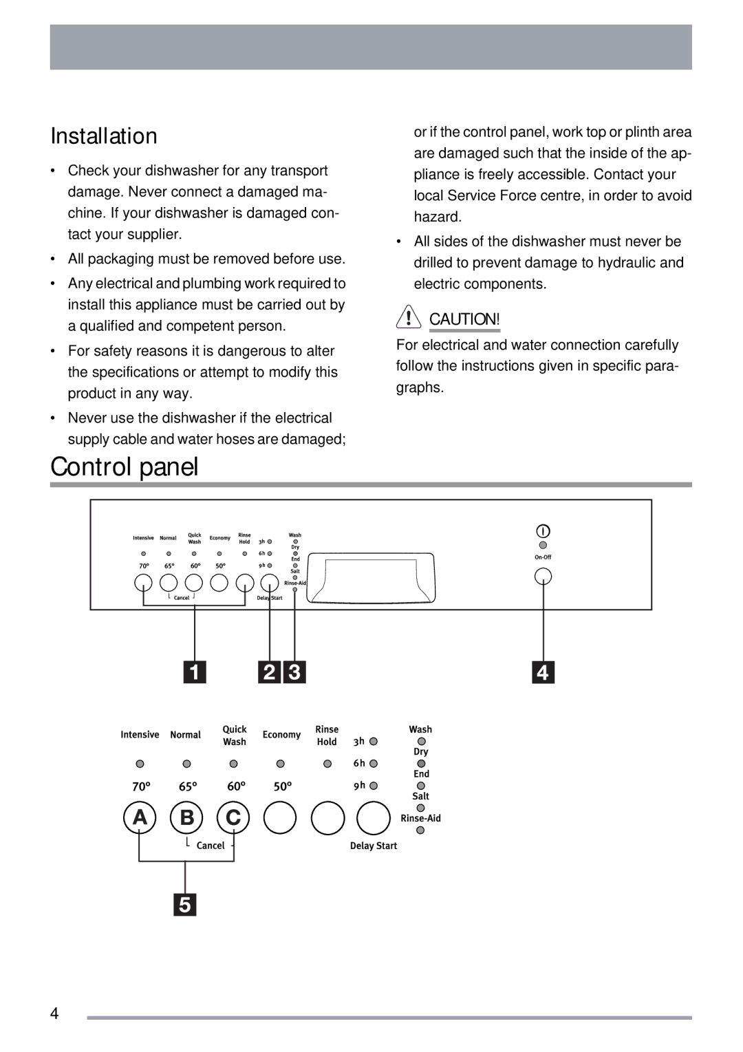 Zanussi ZSF 4143 user manual Control panel, Installation 