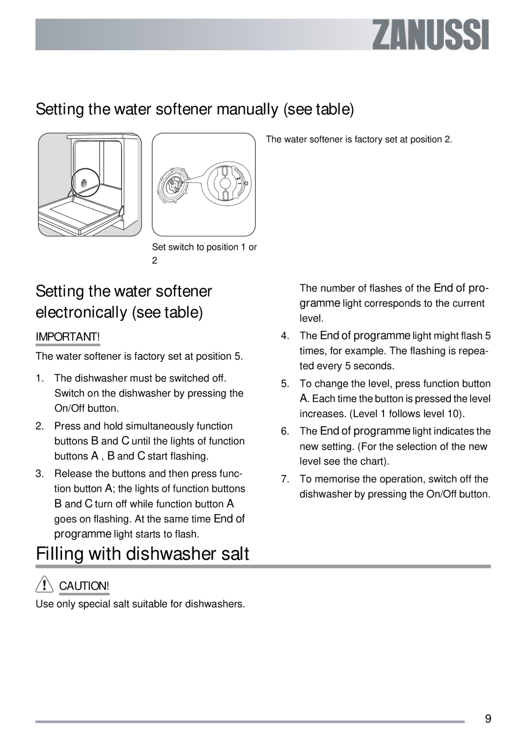 Zanussi ZSF 4143 user manual Filling with dishwasher salt, Setting the water softener manually see table 