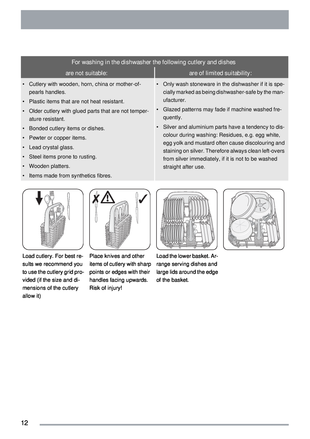 Zanussi ZSF 4143 user manual For washing in the dishwasher the following cutlery and dishes, are not suitable 