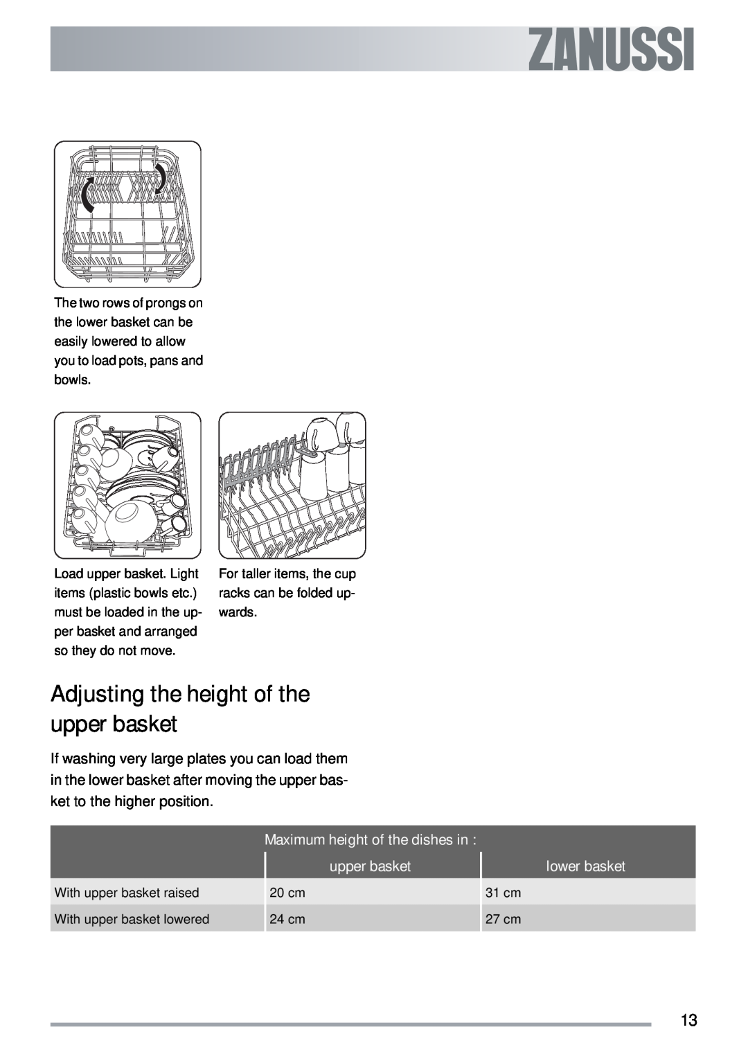 Zanussi ZSF 4143 user manual Adjusting the height of the upper basket, lower basket 