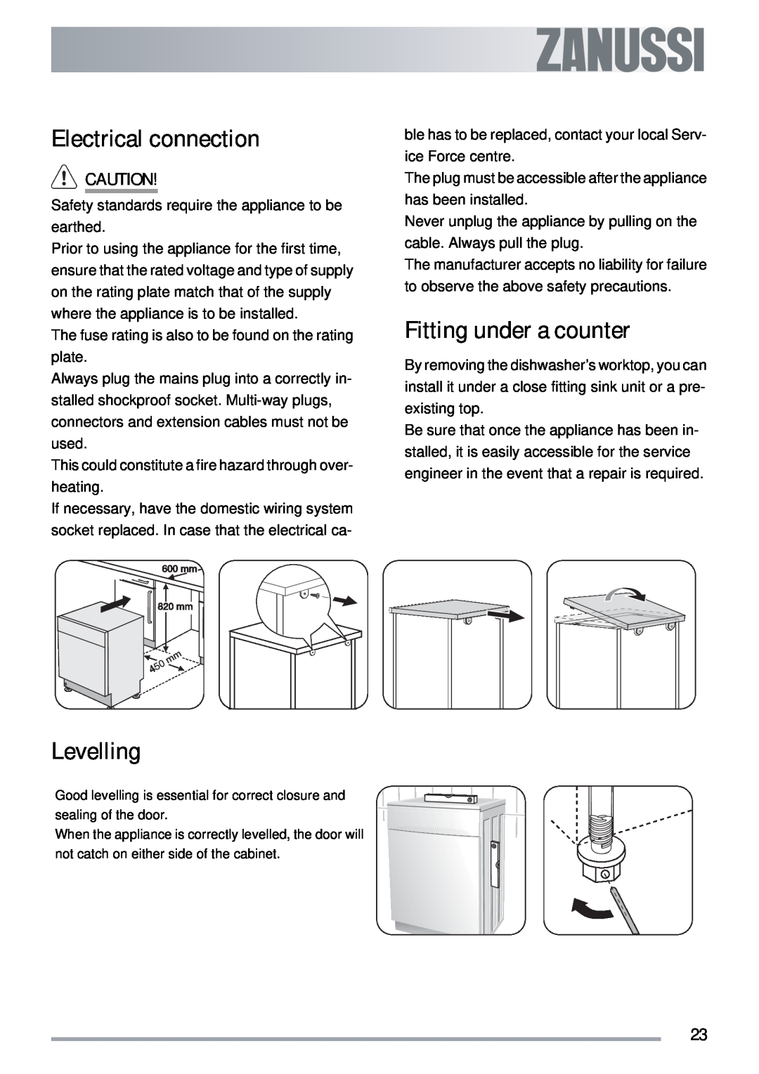 Zanussi ZSF 4143 user manual Electrical connection, Levelling, Fitting under a counter 