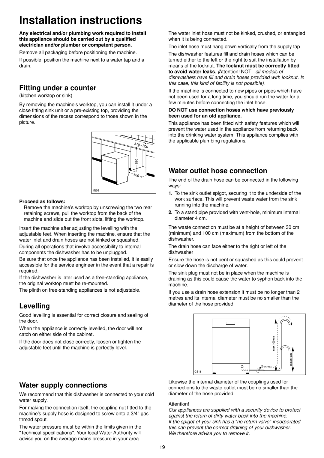 Zanussi ZSF 6066 manual Installation instructions, Fitting under a counter, Levelling, Water supply connections 